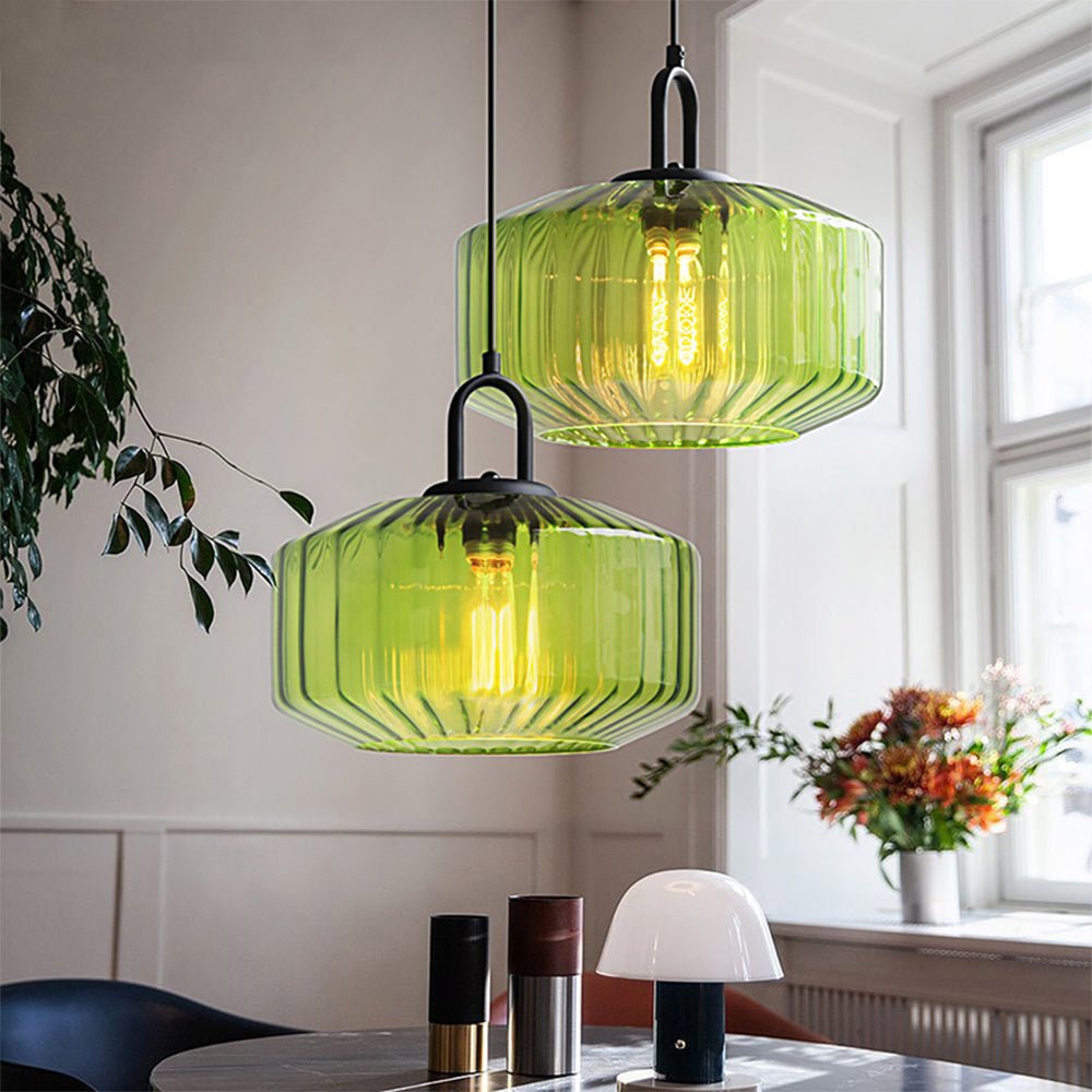 Elegant Pendant Light with Striped Green Glass Shade – Vintage Style for Dining and Kitchen 