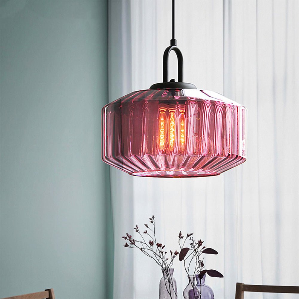 Elegant Pendant Light with Striped Green Glass Shade – Vintage Style for Dining and Kitchen 