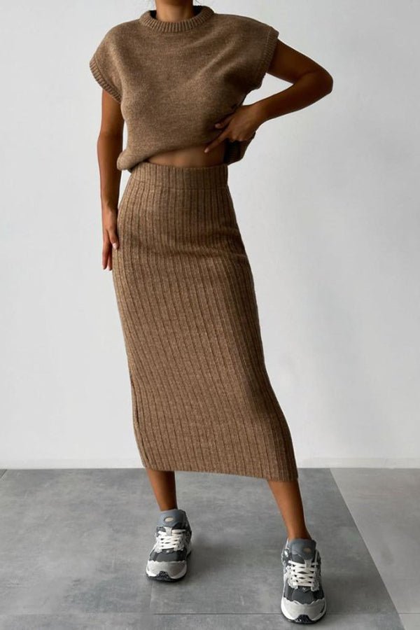 Ember Ribbed Sweater Skirt Set | Cropped Sleeveless Top & Midi Skirt 