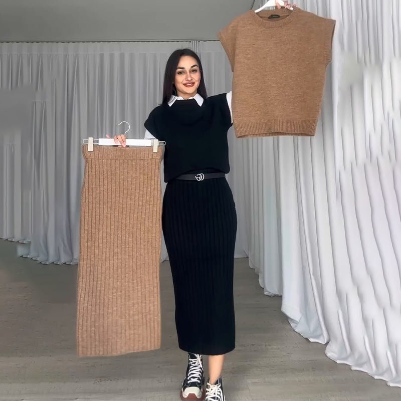 Ember Ribbed Sweater Skirt Set | Cropped Sleeveless Top & Midi Skirt 