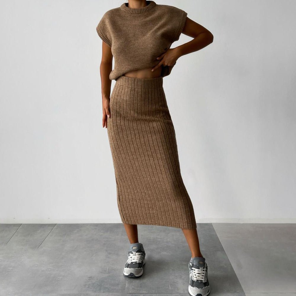Ember Ribbed Sweater Skirt Set | Cropped Sleeveless Top & Midi Skirt 