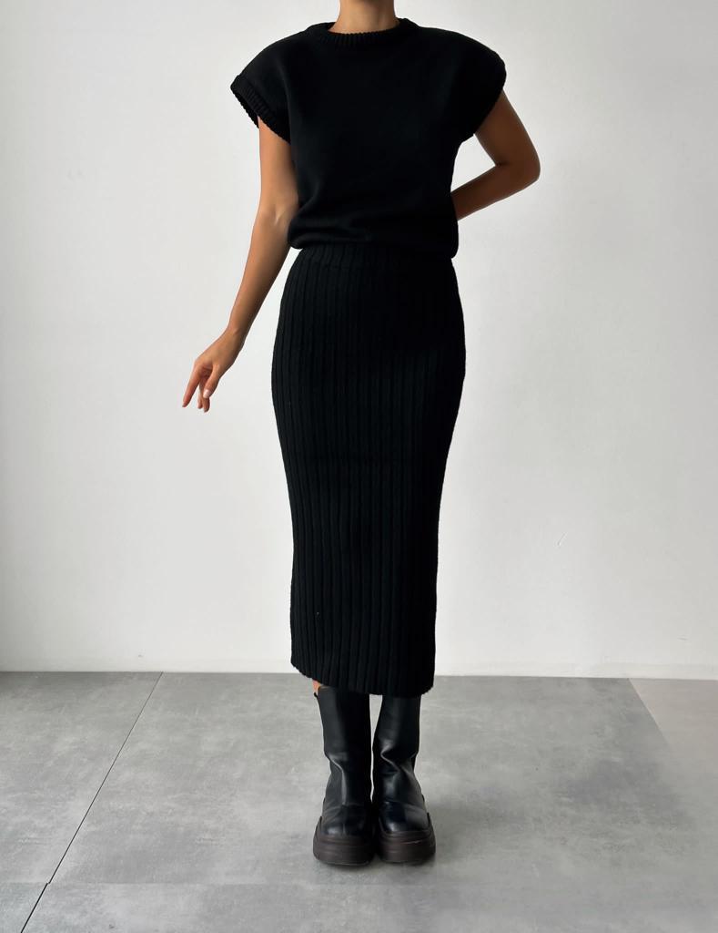 Ember Ribbed Sweater Skirt Set | Cropped Sleeveless Top & Midi Skirt 