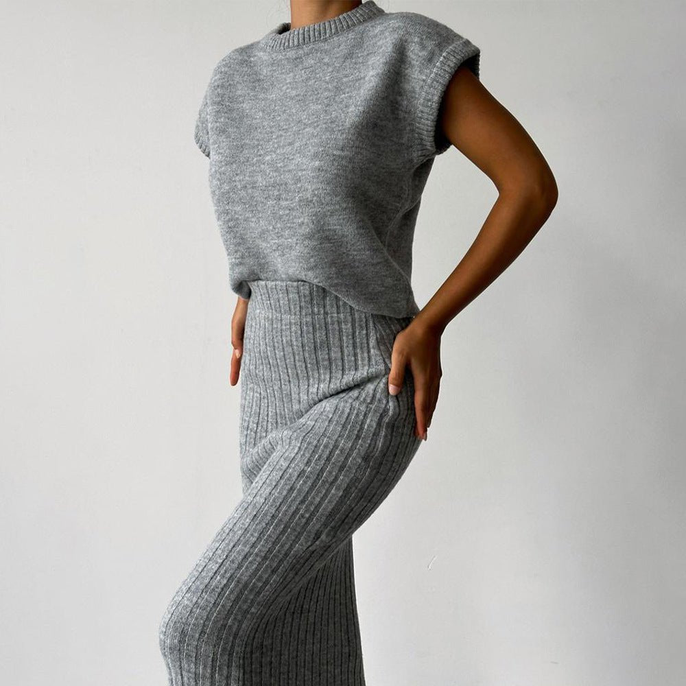 Ember Ribbed Sweater Skirt Set | Cropped Sleeveless Top & Midi Skirt 