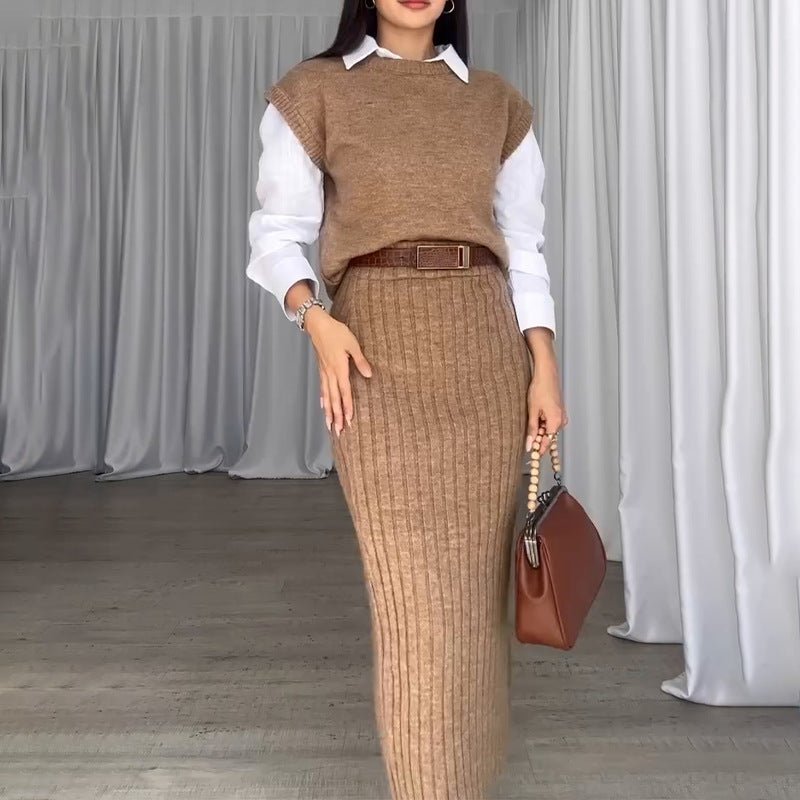 Ember Ribbed Sweater Skirt Set | Cropped Sleeveless Top & Midi Skirt 