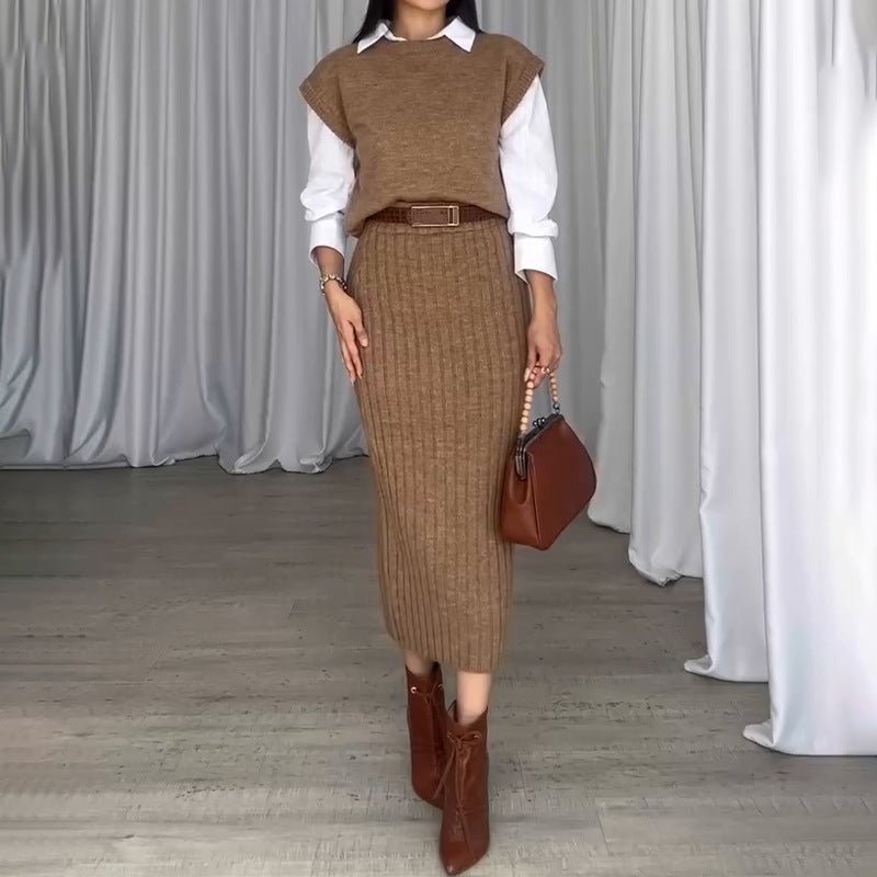 Ember Ribbed Sweater Skirt Set | Cropped Sleeveless Top & Midi Skirt 