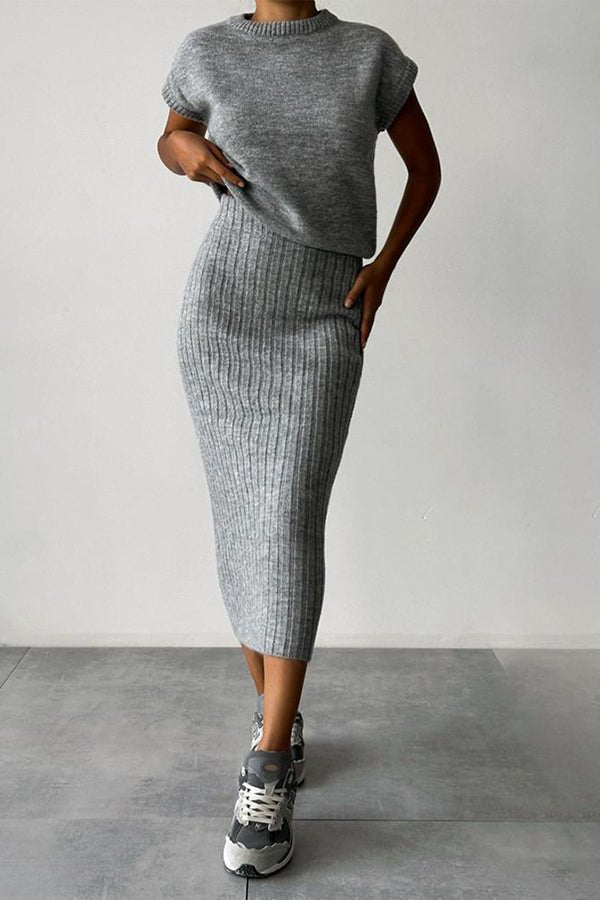 Ember Ribbed Sweater Skirt Set | Cropped Sleeveless Top & Midi Skirt 