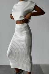 Ember Ribbed Sweater Skirt Set | Cropped Sleeveless Top & Midi Skirt 