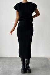 Ember Ribbed Sweater Skirt Set | Cropped Sleeveless Top & Midi Skirt 