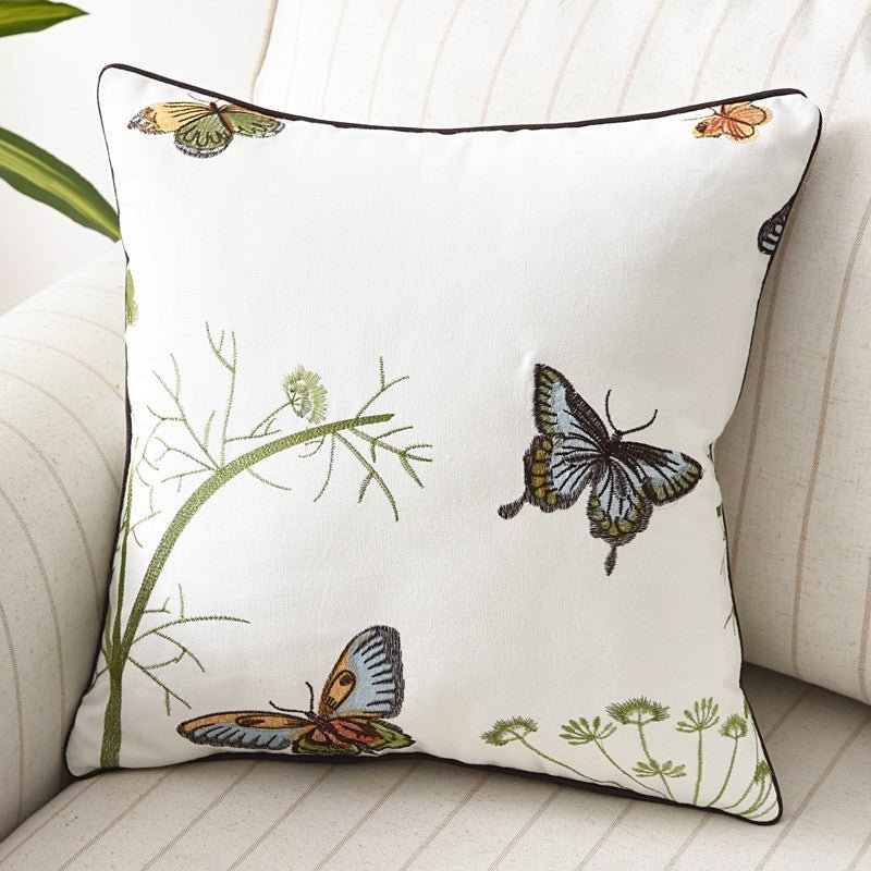 Embroidered Butterfly Cushion Cover in Cotton-Linen Blend – 45x45 cm Decorative Pillow Case 
