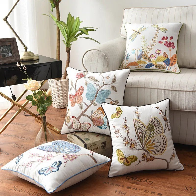 Embroidered Butterfly Cushion Cover in Cotton-Linen Blend – 45x45 cm Decorative Pillow Case 