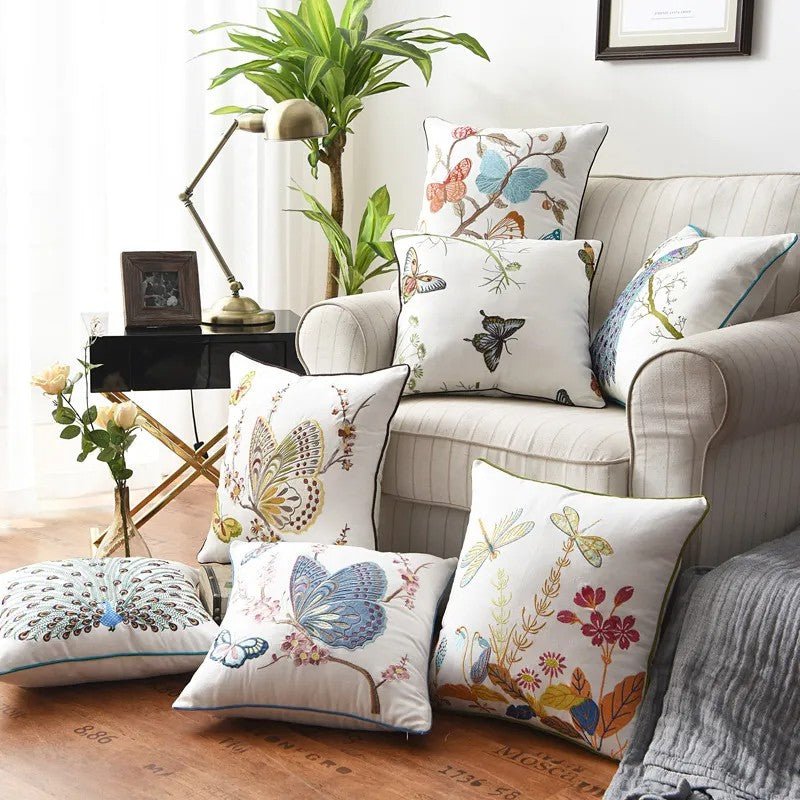 Embroidered Butterfly Cushion Cover in Cotton-Linen Blend – 45x45 cm Decorative Pillow Case 