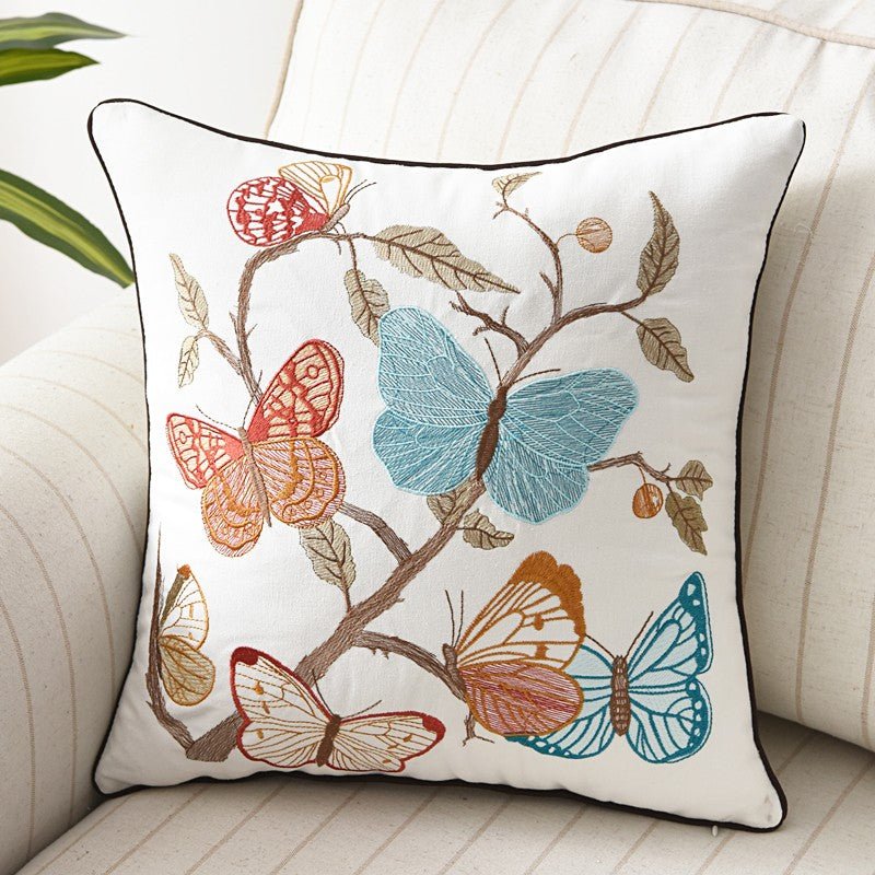 Embroidered Butterfly Cushion Cover in Cotton-Linen Blend – 45x45 cm Decorative Pillow Case 