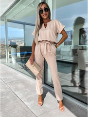 Everly V-Neck Short Sleeve Jumpsuit | Elastic Waist & Side Pockets 