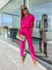 Everly V-Neck Short Sleeve Jumpsuit | Elastic Waist & Side Pockets 