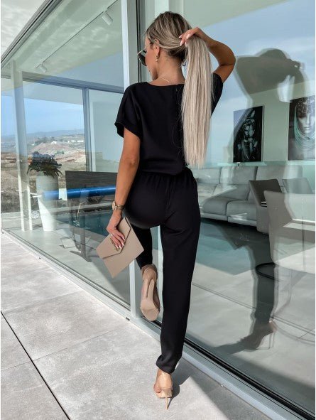 Everly V-Neck Short Sleeve Jumpsuit | Elastic Waist & Side Pockets 