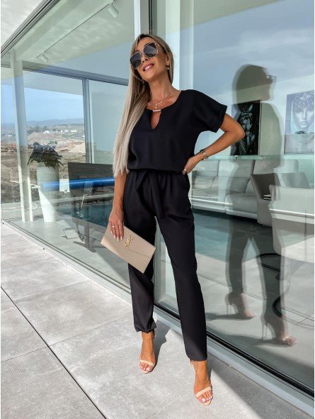 Everly V-Neck Short Sleeve Jumpsuit | Elastic Waist & Side Pockets 