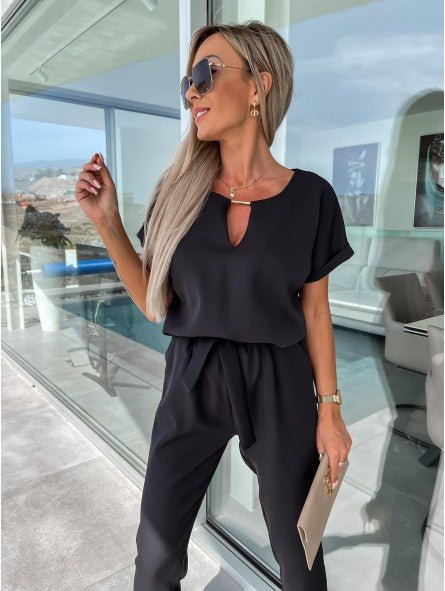 Everly V-Neck Short Sleeve Jumpsuit | Elastic Waist & Side Pockets 