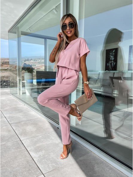 Everly V-Neck Short Sleeve Jumpsuit | Elastic Waist & Side Pockets 