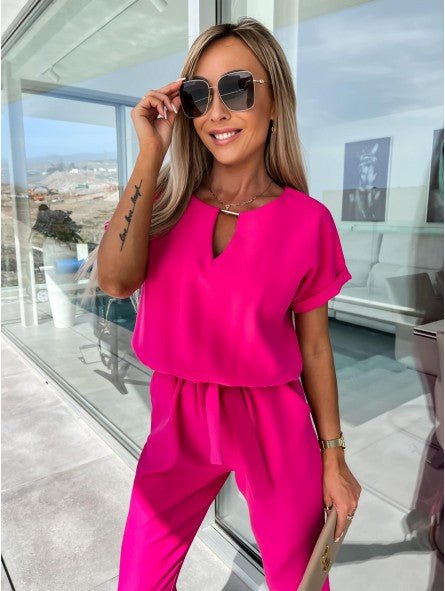 Everly V-Neck Short Sleeve Jumpsuit | Elastic Waist & Side Pockets 