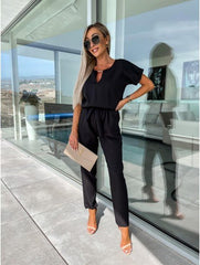 Everly V-Neck Short Sleeve Jumpsuit | Elastic Waist & Side Pockets 