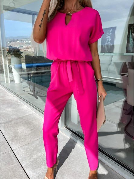 Everly V-Neck Short Sleeve Jumpsuit | Elastic Waist & Side Pockets 