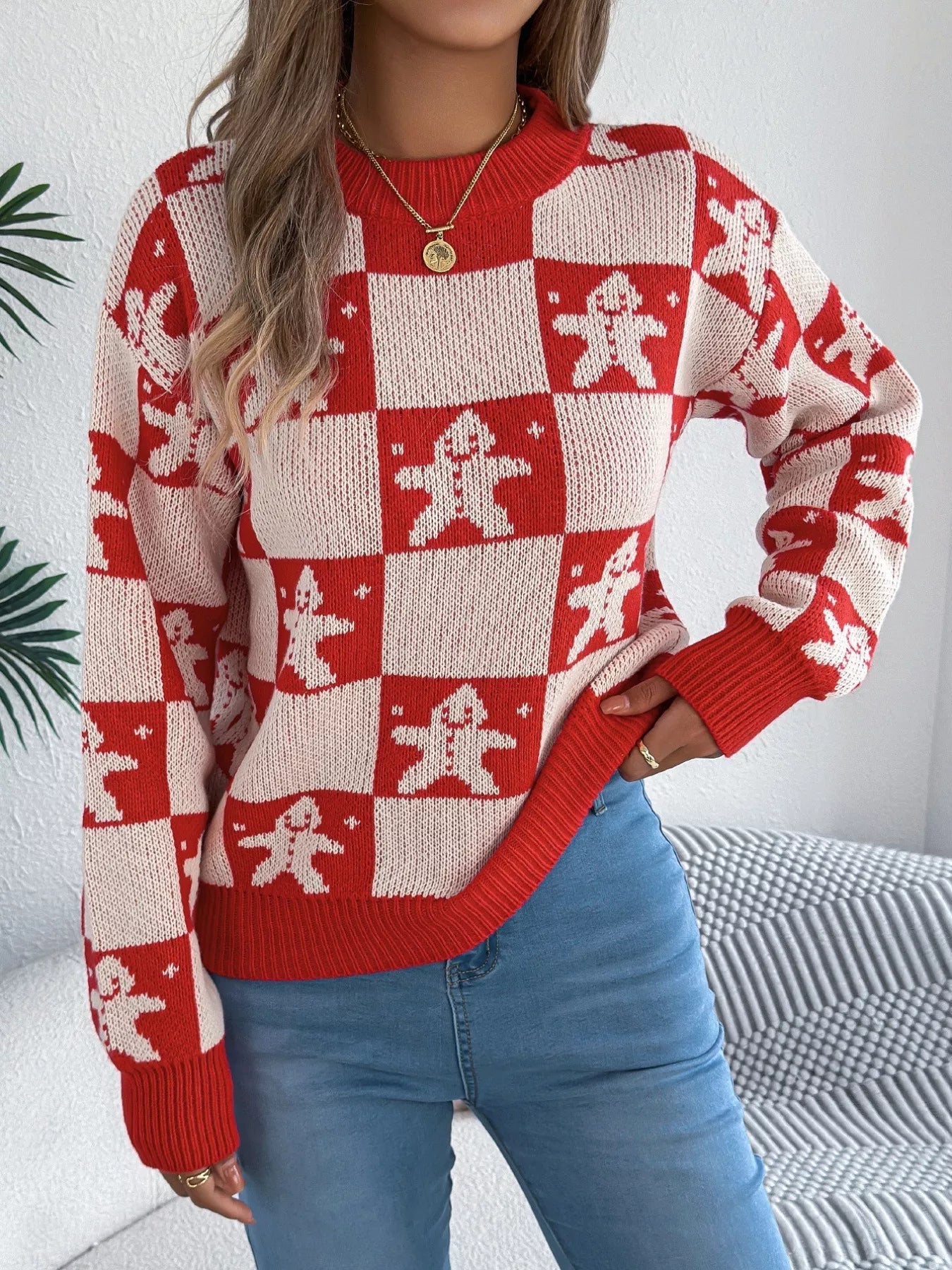 Christmas Checkerboard Gingerbread Round Neck Sweater 