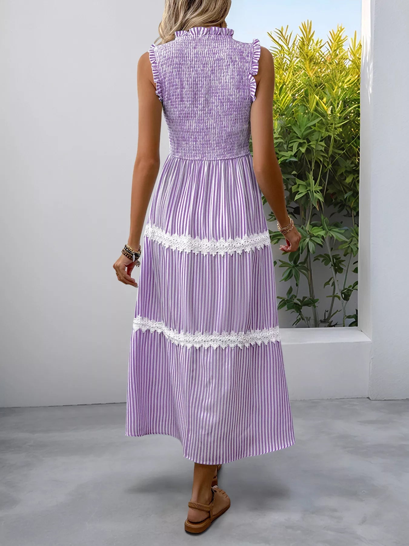 Smocked Striped Lace Trim Sleeveless Midi Dress 