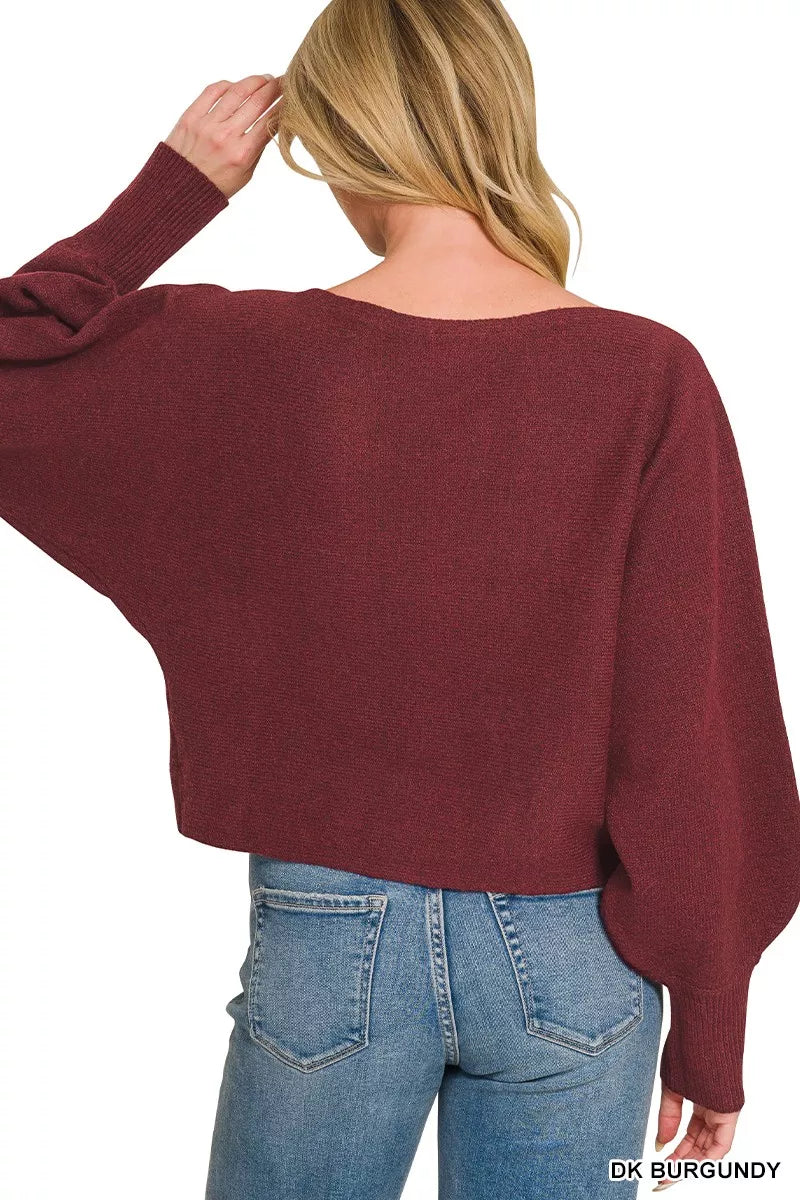 Zenana Boat Neck Balloon Sleeve Sweater 