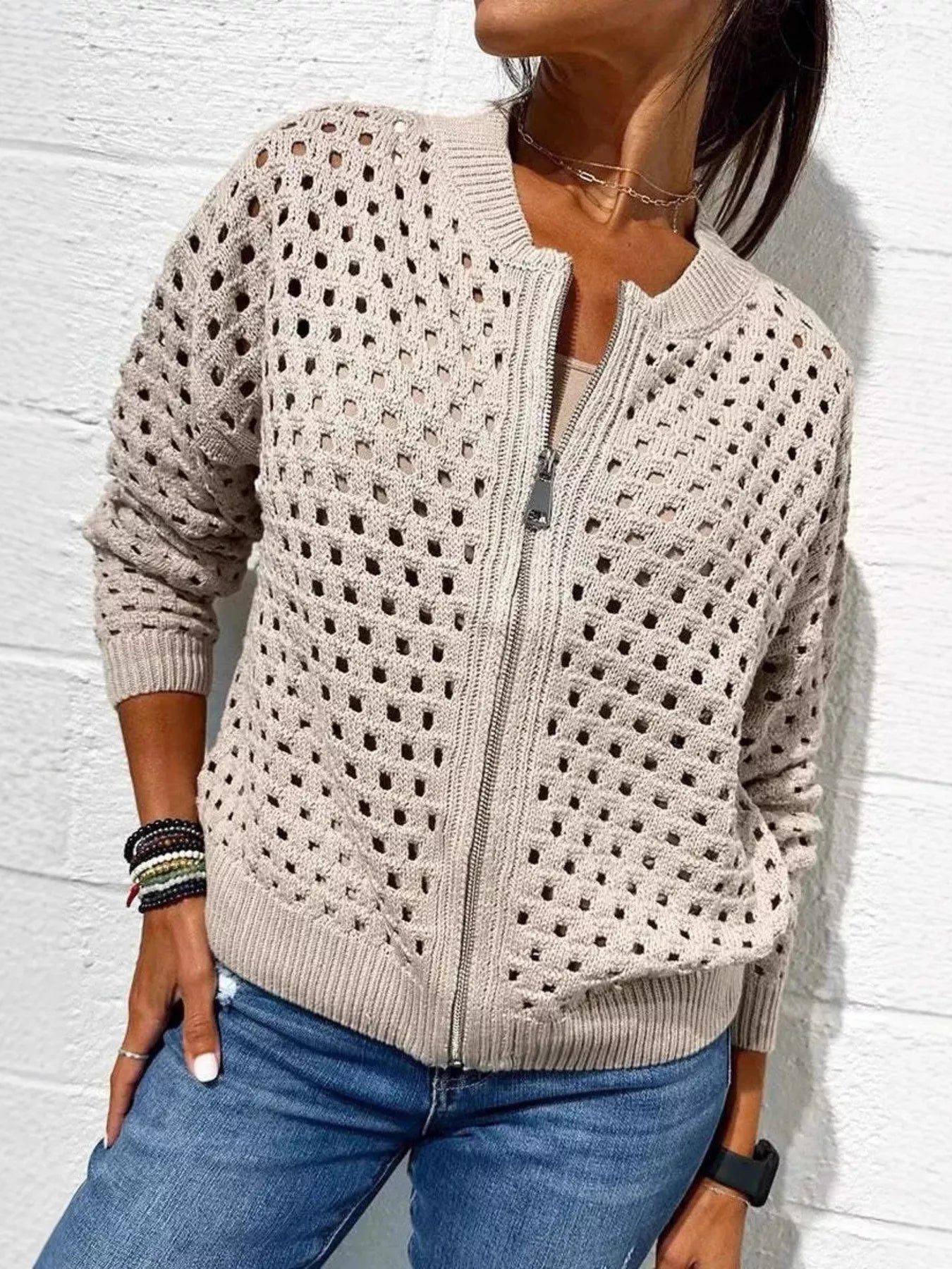 Full Size Zip Up Long Sleeve Cardigan with Eyelet Detail Plus Size 