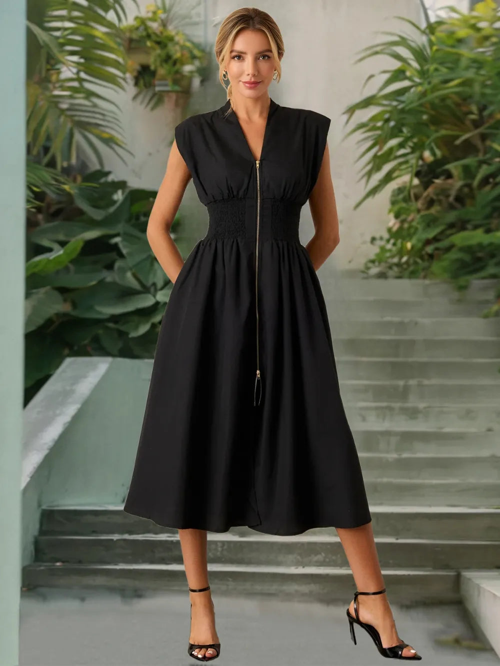 Smocked Zip Front Cap Sleeve Dress 