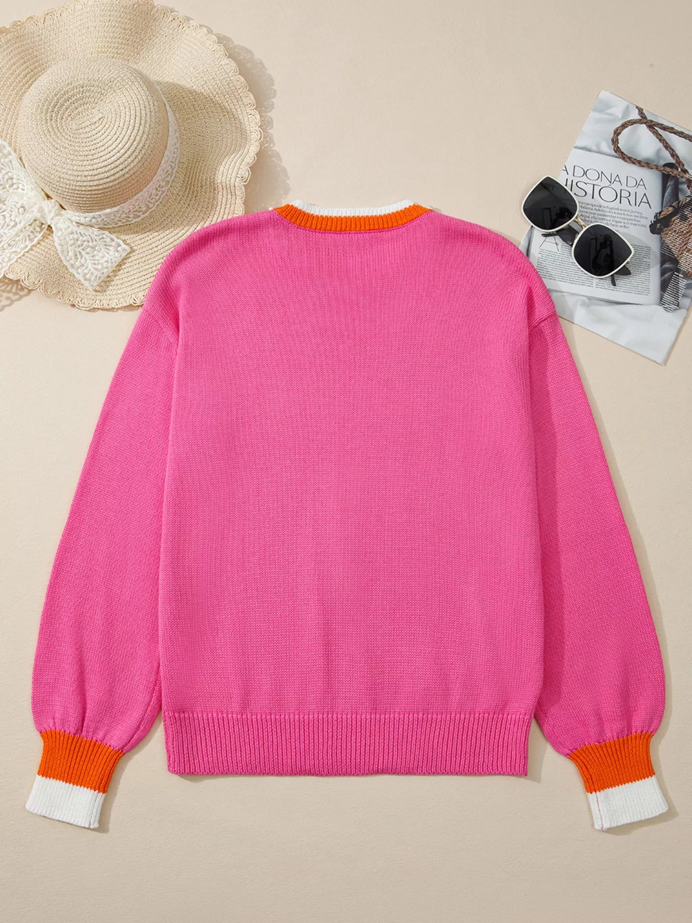 Contrast Crew Neck Pearled Decor Drop Shoulder Knit Sweater 