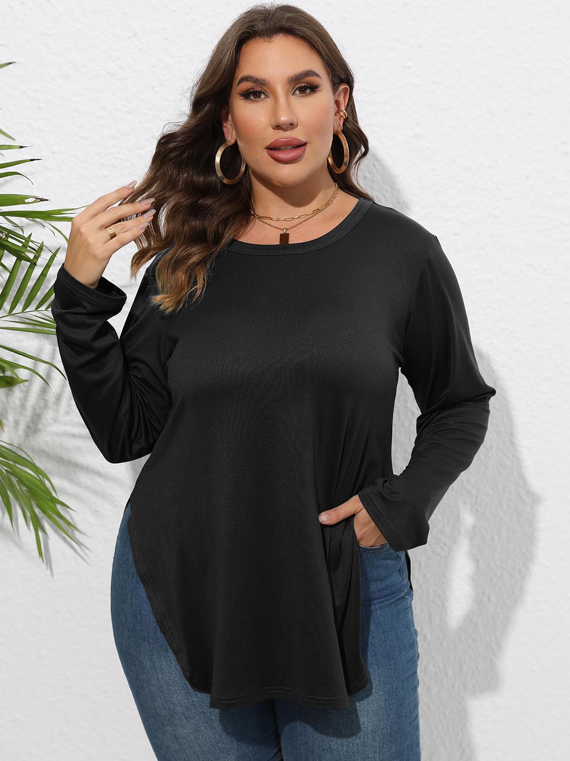 Plus Size Round Neck Long Sleeve Slit T-Shirt 