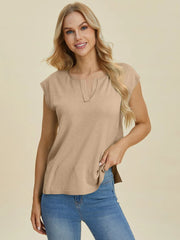 Double Take Full Size Notched Cap Sleeve Knit Top 