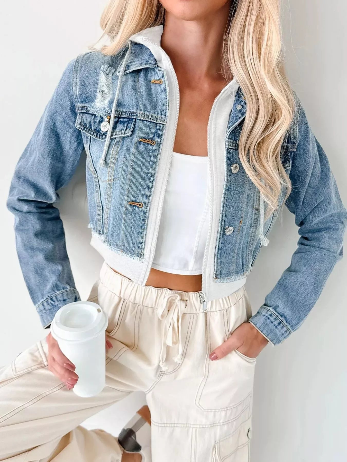 Distressed Zip Up Cropped Hooded Denim Jacket 