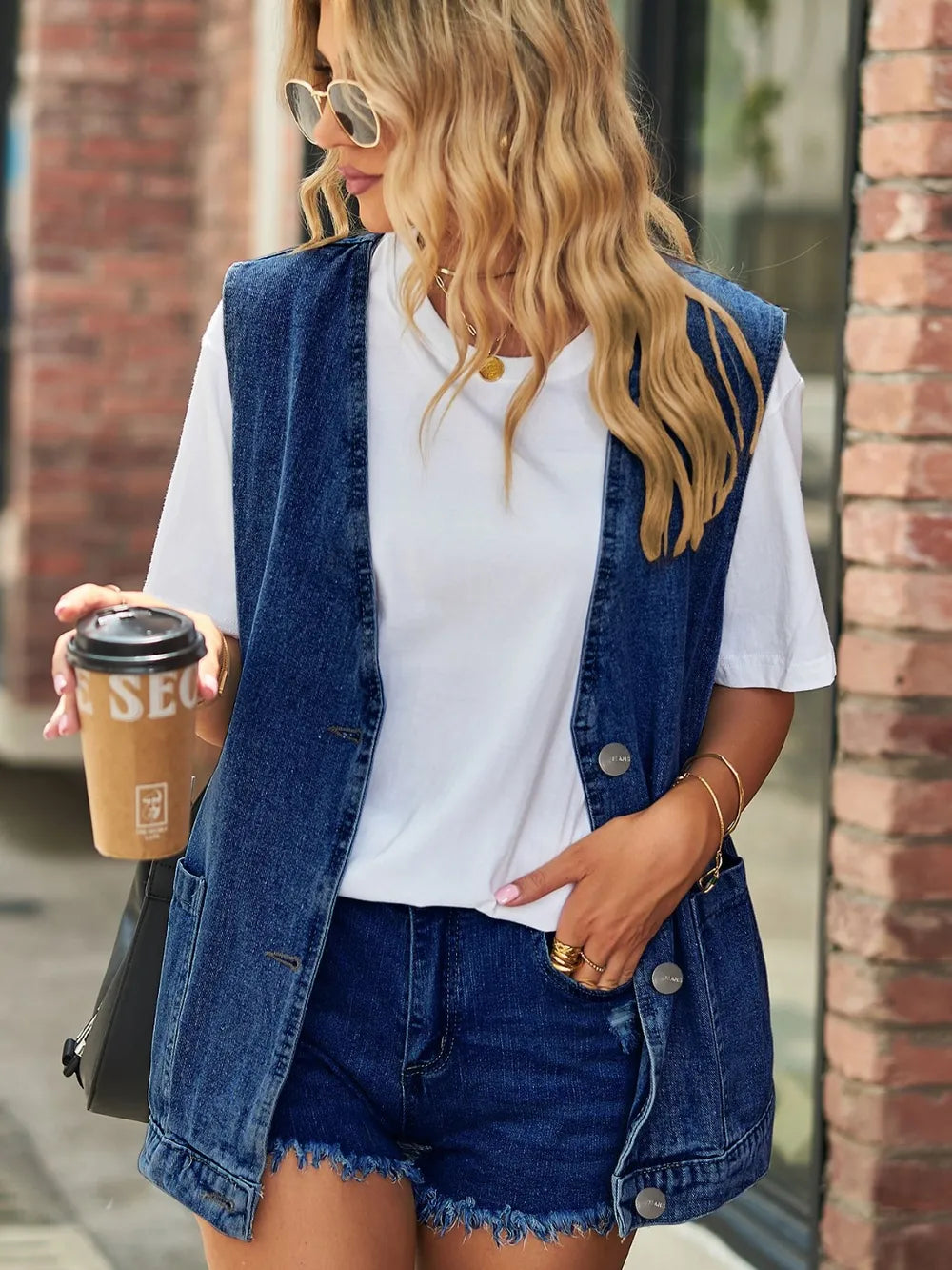 Full Size V-Neck Button Up Denim Vest 