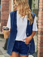 Full Size V-Neck Button Up Denim Vest 