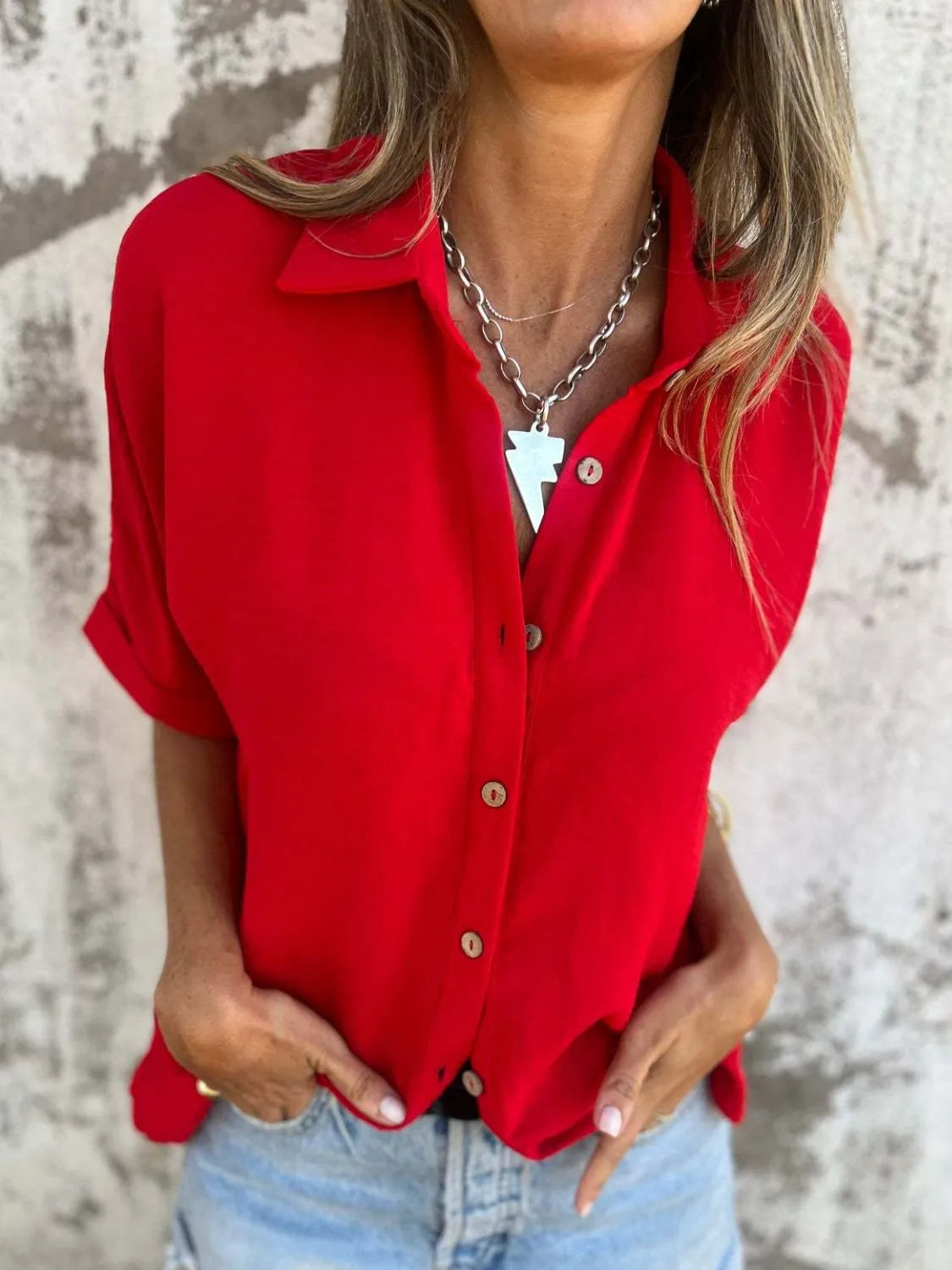 Full Size Collared Neck Half Sleeve Shirt Plus Size 