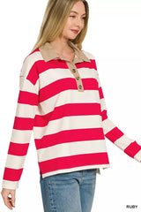 Zenana Striped Contrast Collar Polo Top 