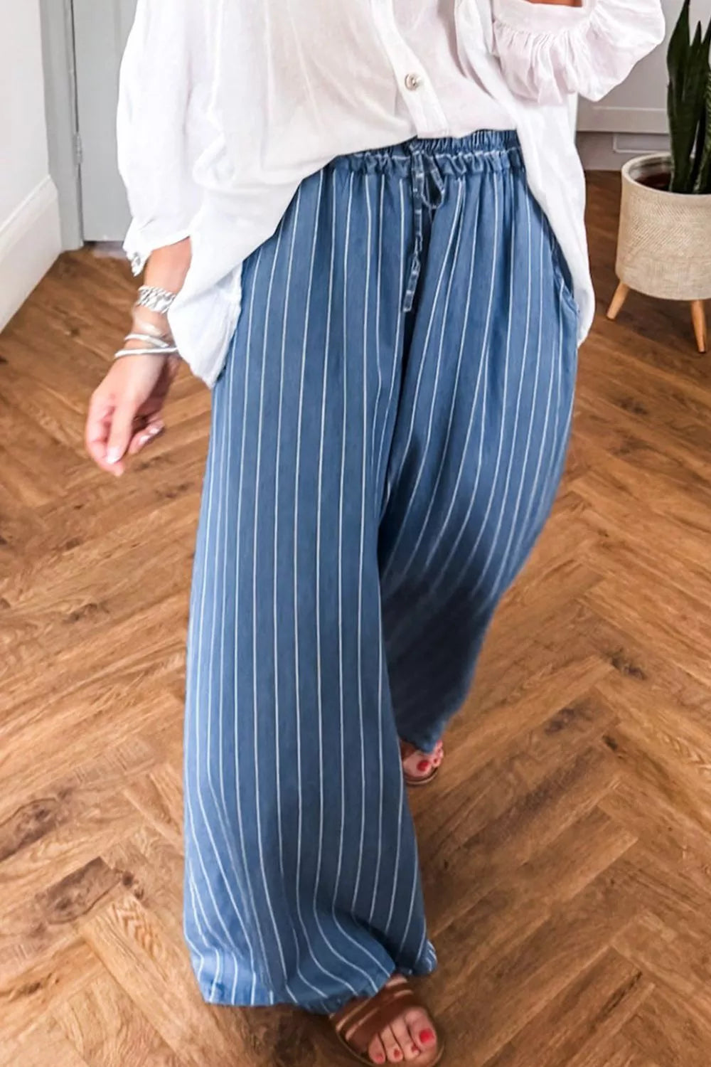 Stripe Chambray Wide Leg Tied Elastic Waist Jeans 