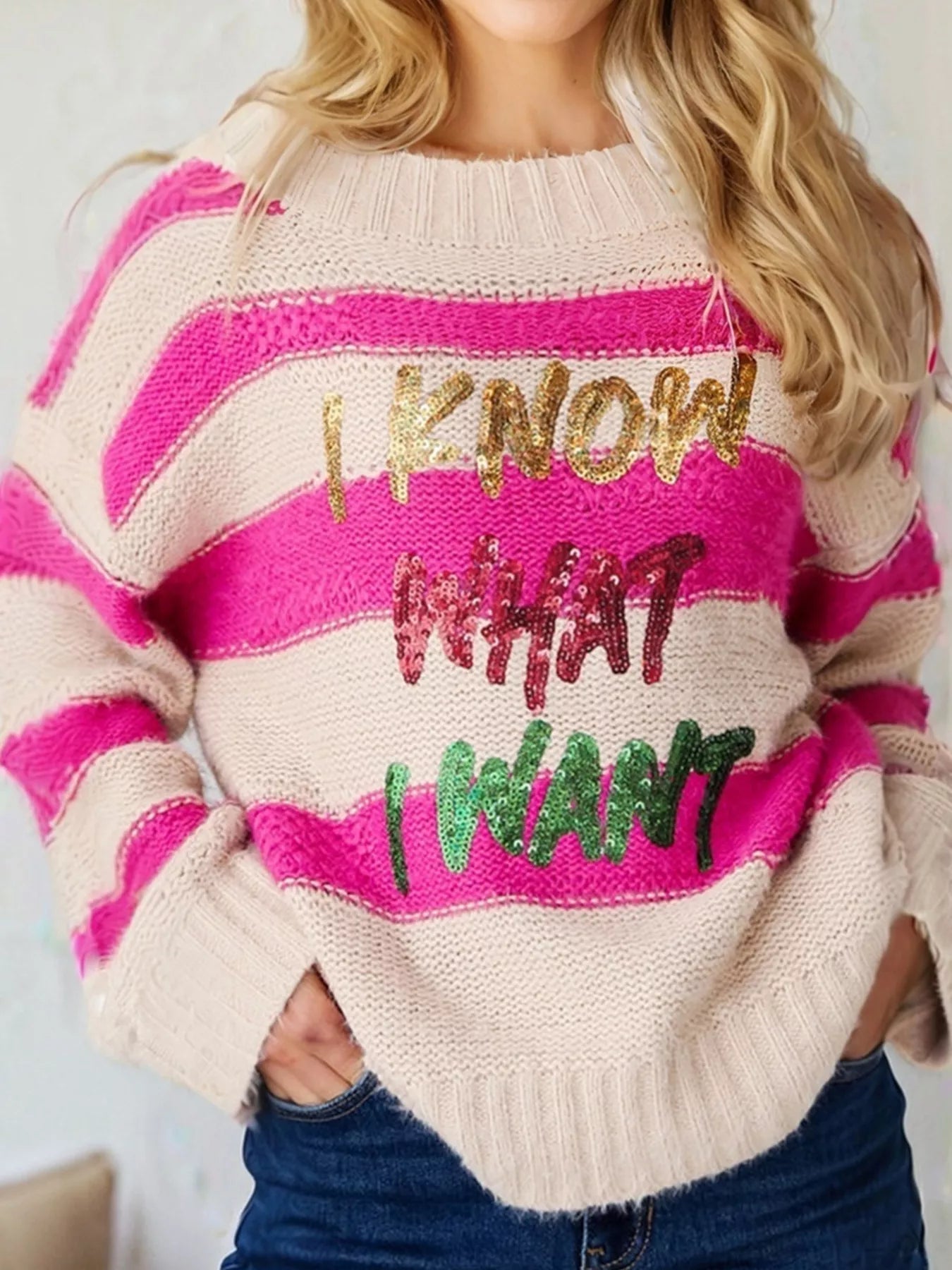 Sequin Letter Graphic Colorblock Loose Sweater 