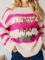 Sequin Letter Graphic Colorblock Loose Sweater 