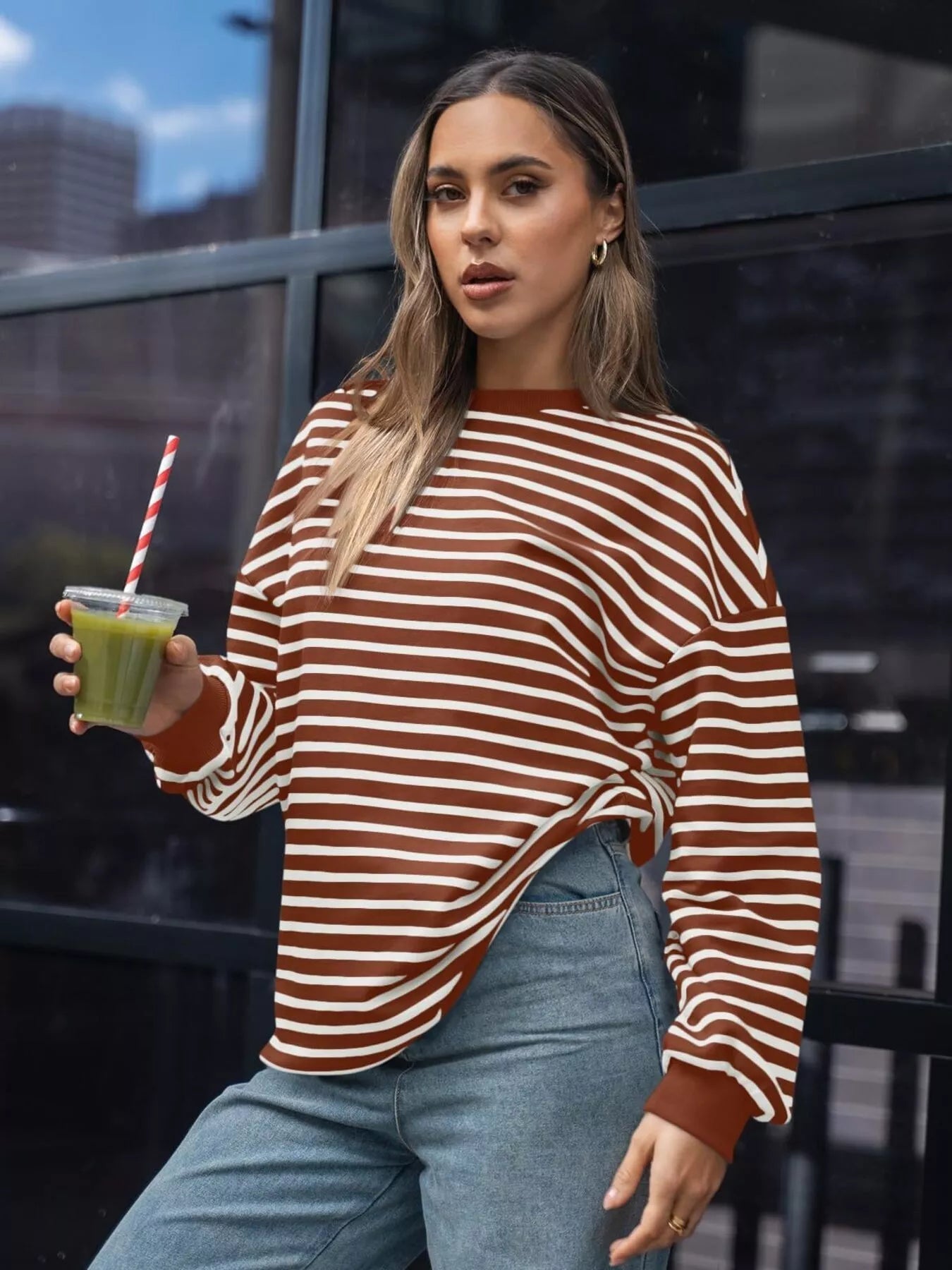 Striped Round Neck Oversized Casual Sweatshirt 