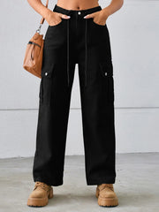 Drawstring Mid-Rise Waist Straight Cargo Jeans 