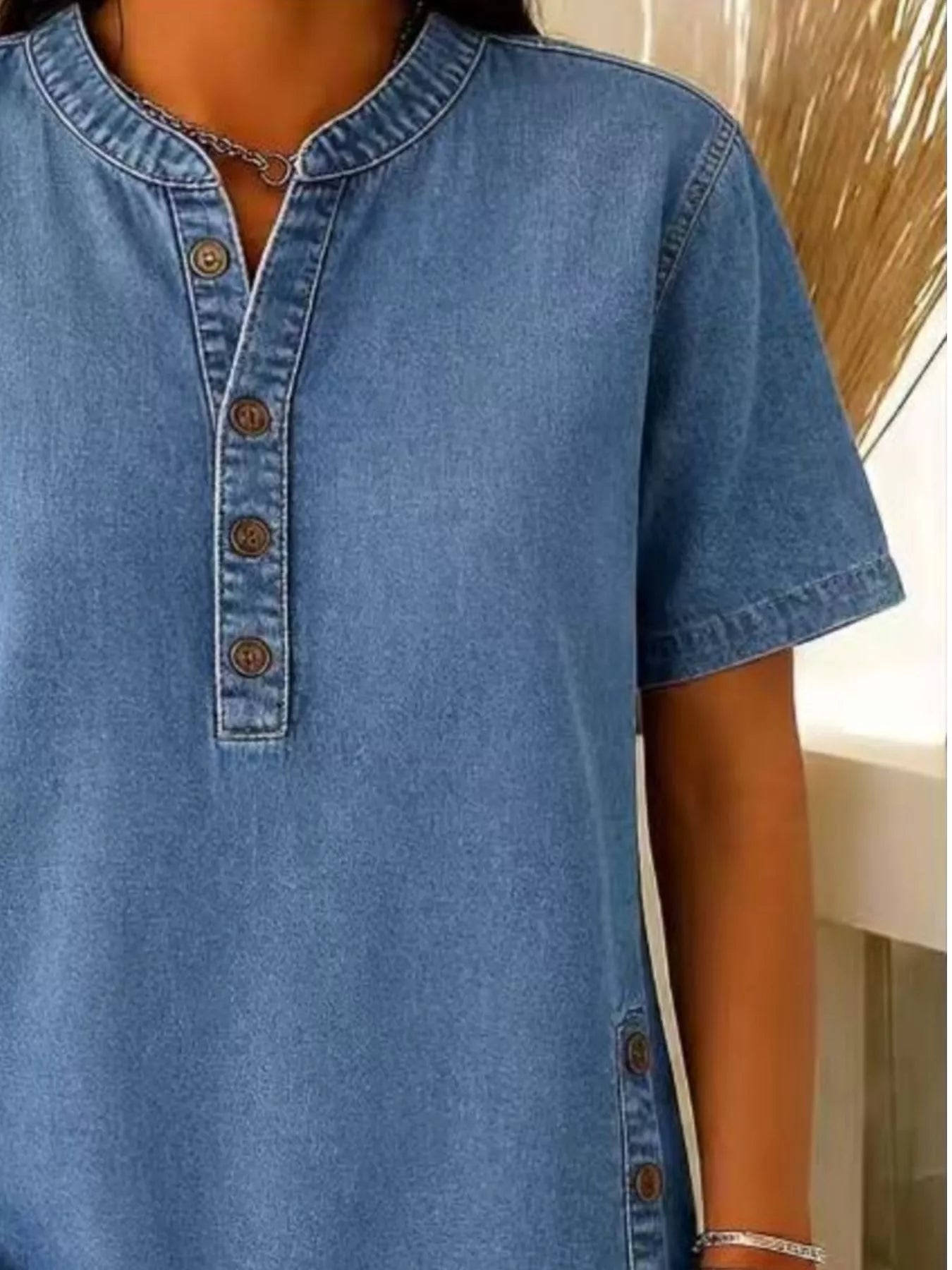 Full Size Button Detail Short Sleeve Blouse Plus Size 