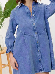 Ruffled Cuff Button-Down Denim Dress 