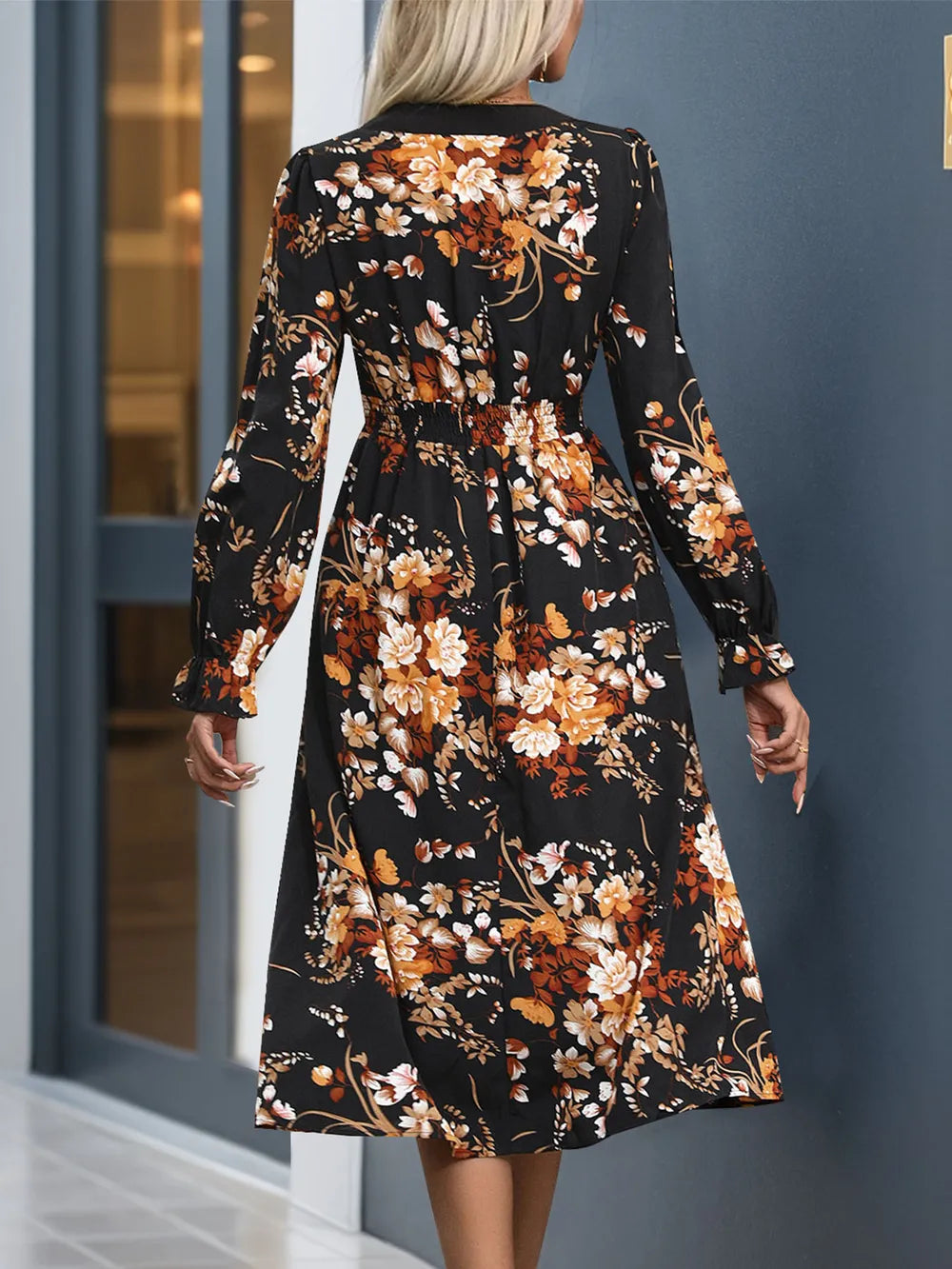 Perfee Printed Notched Long Sleeve Midi Dress 