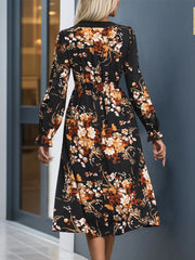 Perfee Printed Notched Long Sleeve Midi Dress 