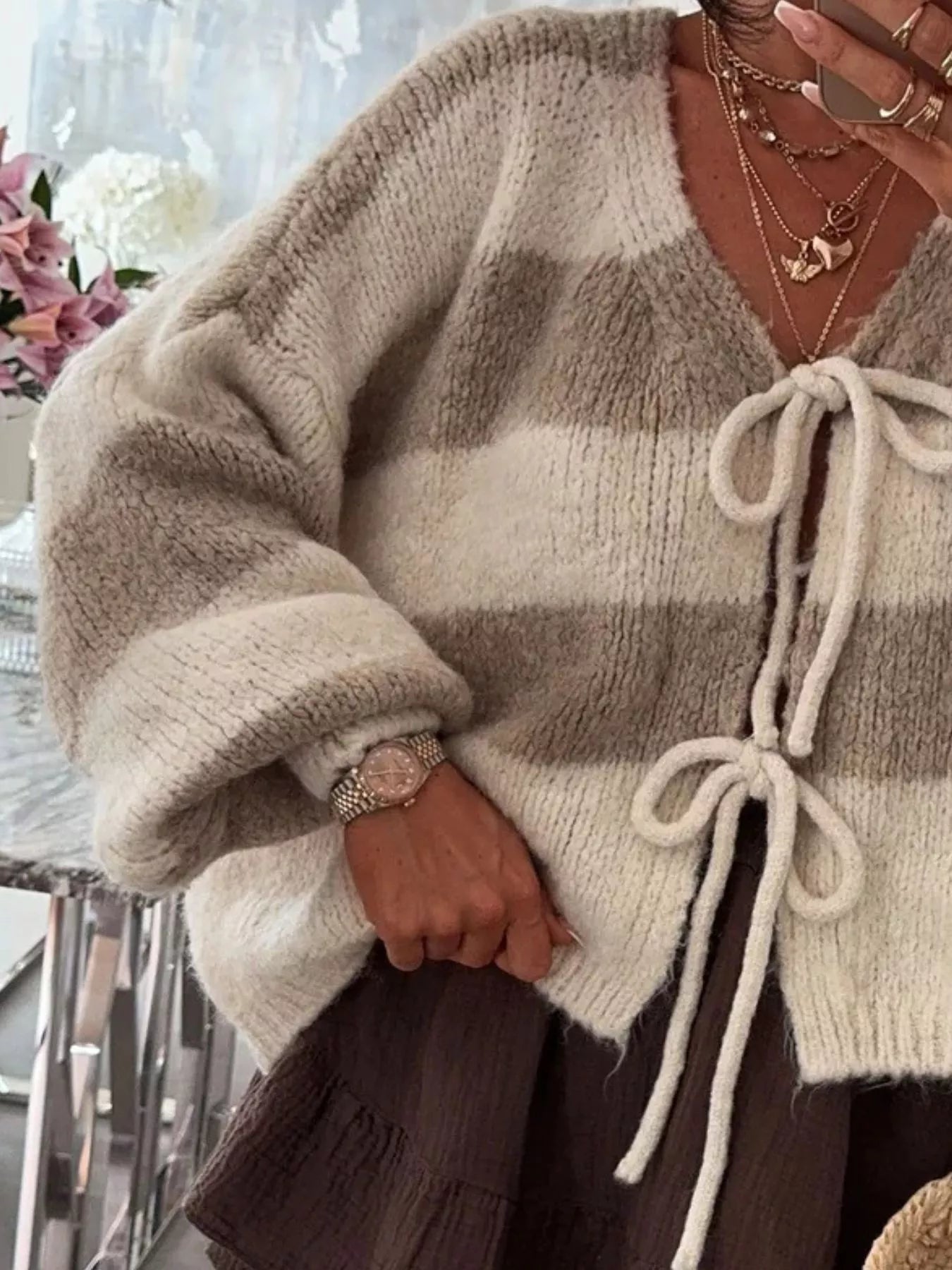 Striped Tie-Front Knit Cardigan 