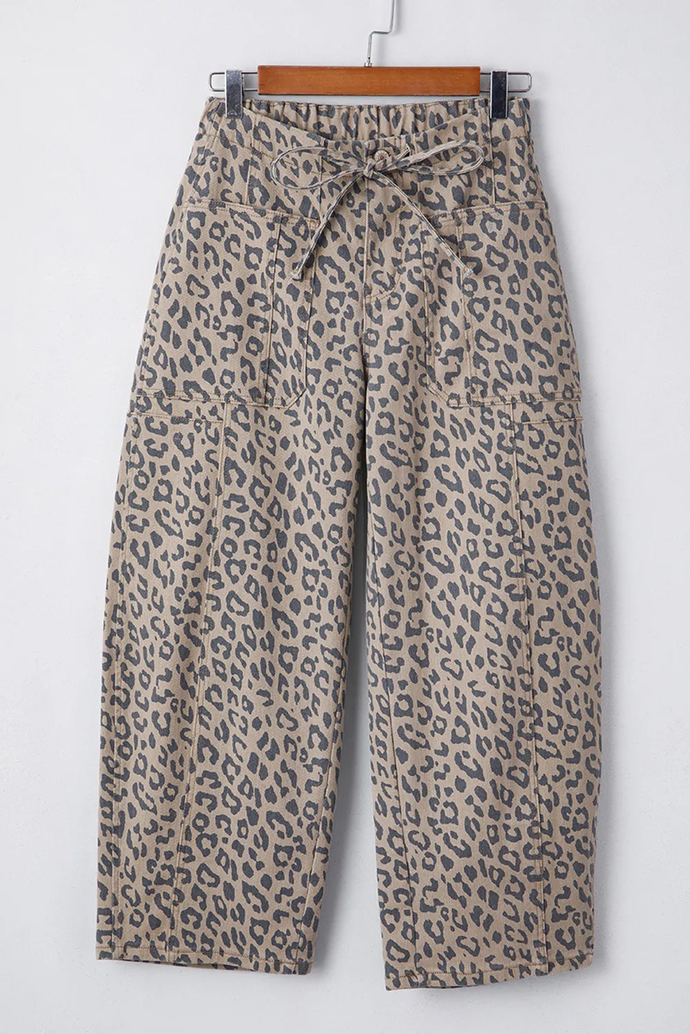 Leopard Printed Drawstring Waist Pocketed Wide Leg Jeans 