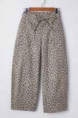 Leopard Printed Drawstring Waist Pocketed Wide Leg Jeans 